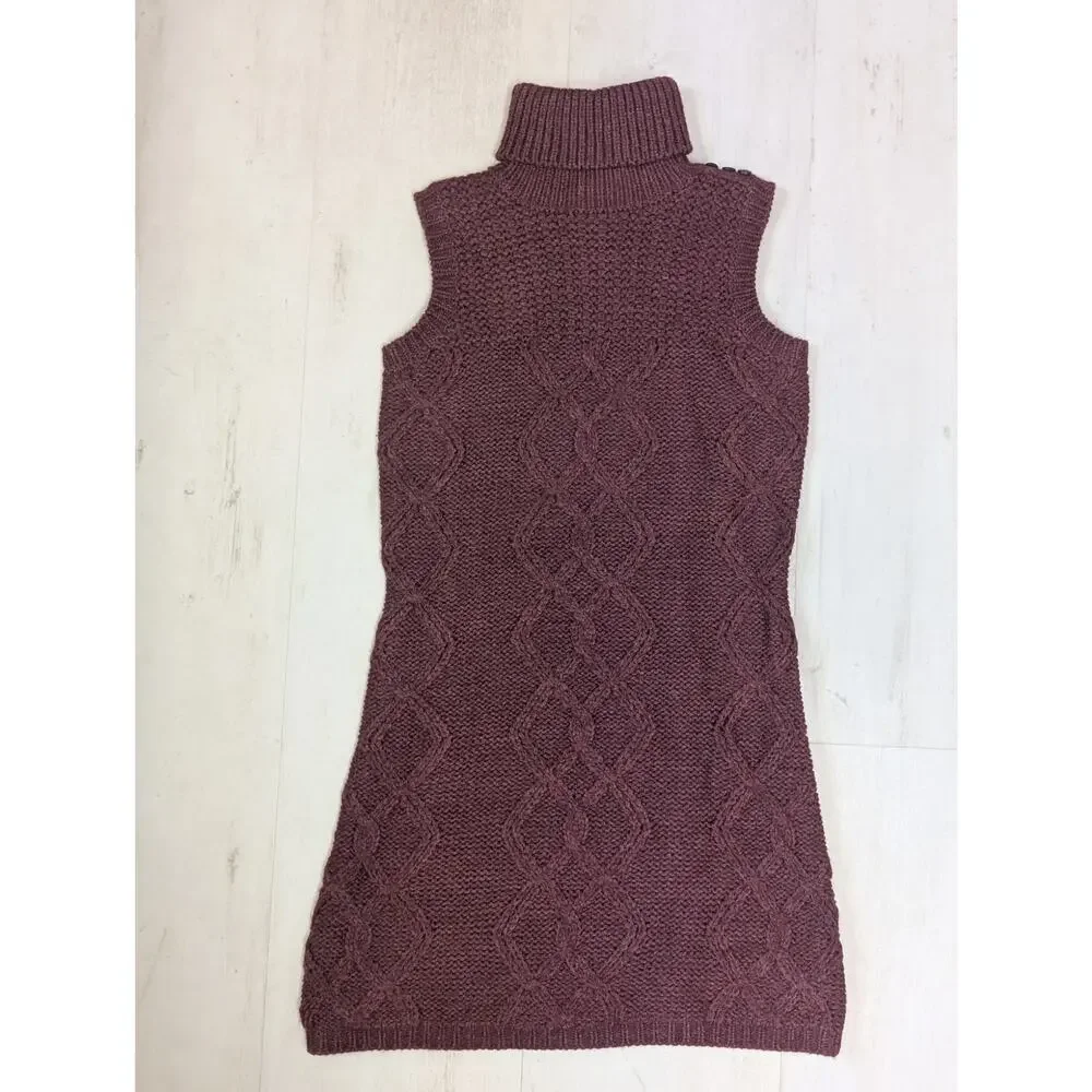 JJ Basics Basics Sleeveless Cable Knit Turtleneck Sweater Dress Small Burgundy - Picture 3 of 8